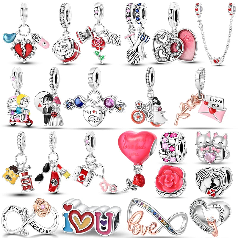 Anello romantico in argento sterling 925 con rosa, ideale per coppie, perfetto come proposta di matrimonio o per San Valentino. Ciondoli e perline adatti a collane e bracciali, perfetti per creare gioielli fai da te e regali.