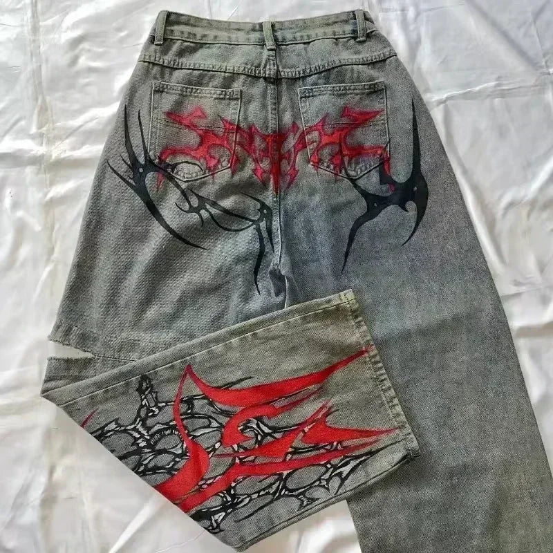 2024 Nuova tendenza americana 2024 Jeans larghi con ricamo hip-hop retrò per uomo e donna Y2K Harajuku Gothic Streetwear