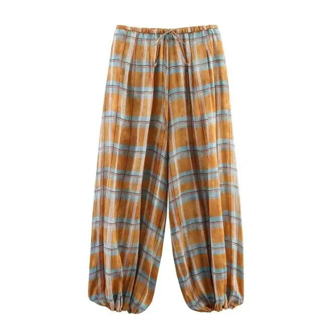 Trendy Plaid Lantern Drawstring Casual Pants Loose Fit With Drawstring Versatile Womens Everyday Workwear Pants Trafizaran