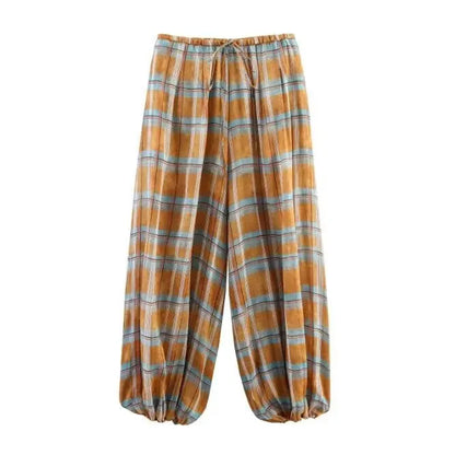 Trendy Plaid Lantern Drawstring Casual Pants Loose Fit With Drawstring Versatile Womens Everyday Workwear Pants Trafizaran