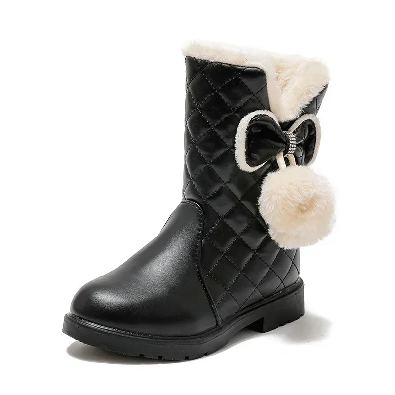 Stivali caldi da bambina con fiocco 2025, nuovi stivali da neve invernali per bambini con pelliccia, stivali da principessa alla moda per bambini, impermeabili con plateau