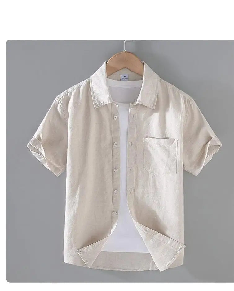 Camicia da uomo in cotone e lino a maniche corte, estiva, stile streetwear, tinta unita, collo alto, casual, stile spiaggia, taglie forti dalla M alla 3XL