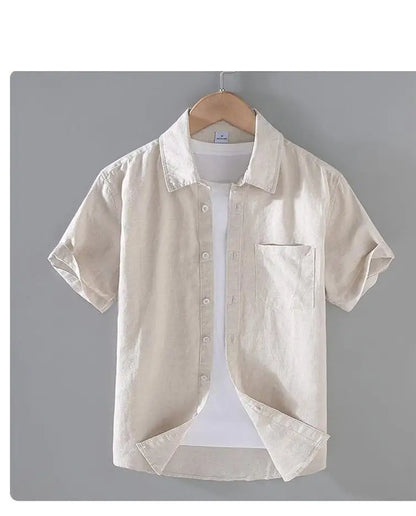 Camicia da uomo in cotone e lino a maniche corte, estiva, stile streetwear, tinta unita, collo alto, casual, stile spiaggia, taglie forti dalla M alla 3XL