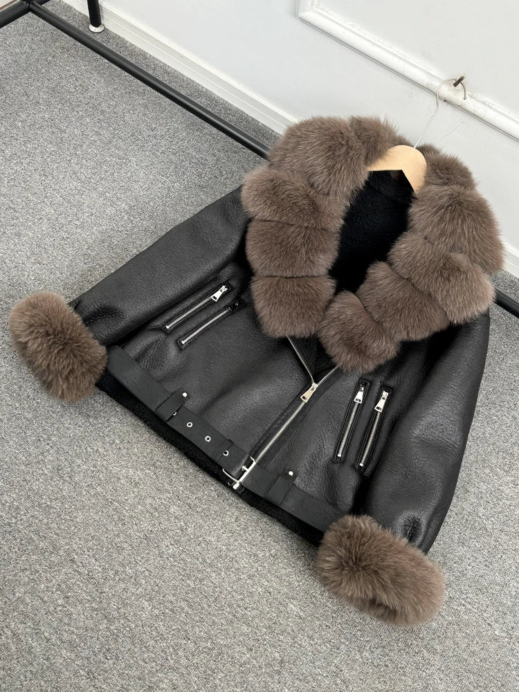 Janveny 2024 Winter Fake Leather Coat Real Natural Fox Fur Collar Cuff Women Thick Warm Large Lapel Fur Lining Leather Jacket