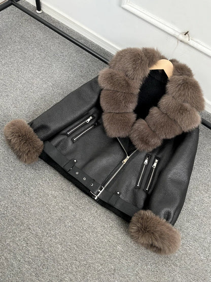 Janveny 2024 Winter Fake Leather Coat Real Natural Fox Fur Collar Cuff Women Thick Warm Large Lapel Fur Lining Leather Jacket