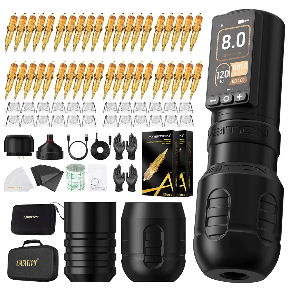 Kit Ambition Torden Max, macchinetta per tatuaggi wireless con corsa di 4,0+3,5 mm, motore brushless, asta dritta, penna, batteria da 2400 mAh, touchscreen.