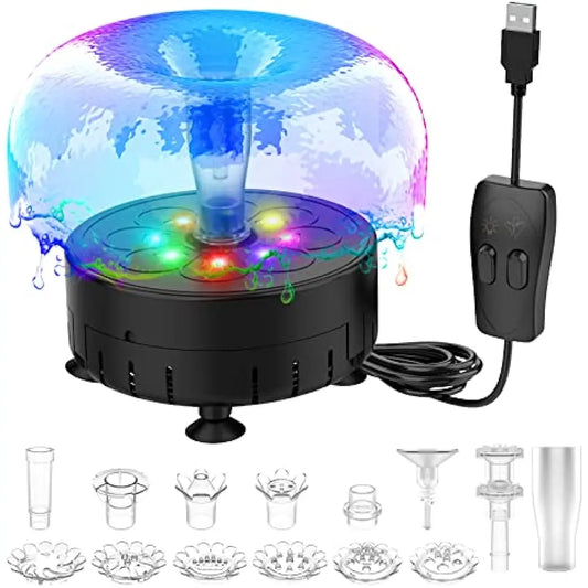 Pompa per fontana d'acqua USB da 2,5 W con luce LED, galleggiante, fai da te, kit per fontana da giardino per esterni, ideale per vasche per uccelli, laghetti e acquari.