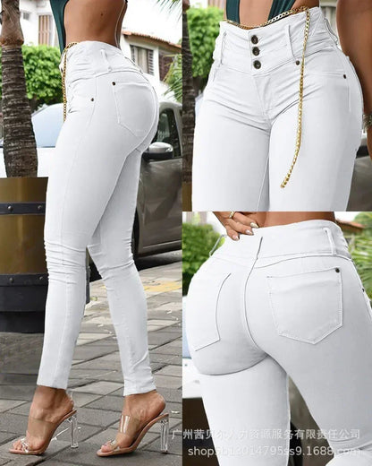 Pantaloni attillati lunghi e aderenti color cachi da donna, a vita alta, alla caviglia