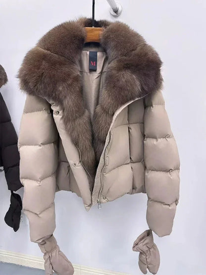 Cappotto in piumino d'oca con collo in pelliccia di volpe naturale, giacca di lusso in pelliccia, parka casual caldo da donna, giacca imbottita in vera pelliccia