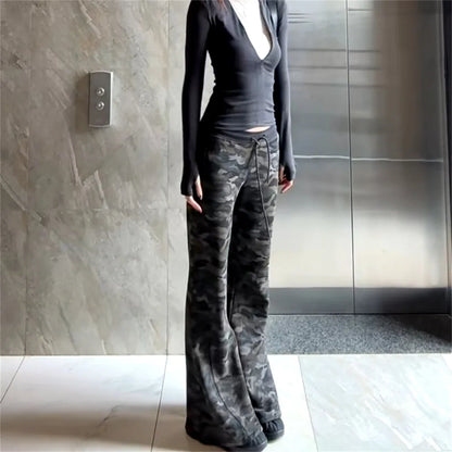 American High Street Spicy Girl Camouflage Micro Flared Casual Pants Women Summer New Slimming Drawstring Wide Leg Horse Hoof...