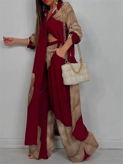 Women Autumn Fashion Casual Color Blocked Loose Shirt Top and Pants Two-piece Set Comfortable Straight Pants Female Suits 2025