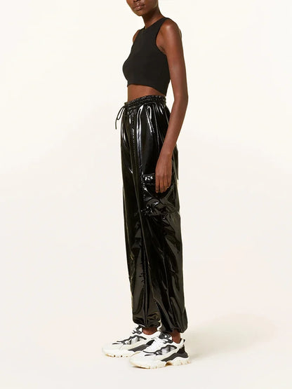 Casual High Waist Faux Latex Cargo Pants Women Shiny Patent Leather Drawstring Elastic Waistband Bloomers PU Sweatpants Custom