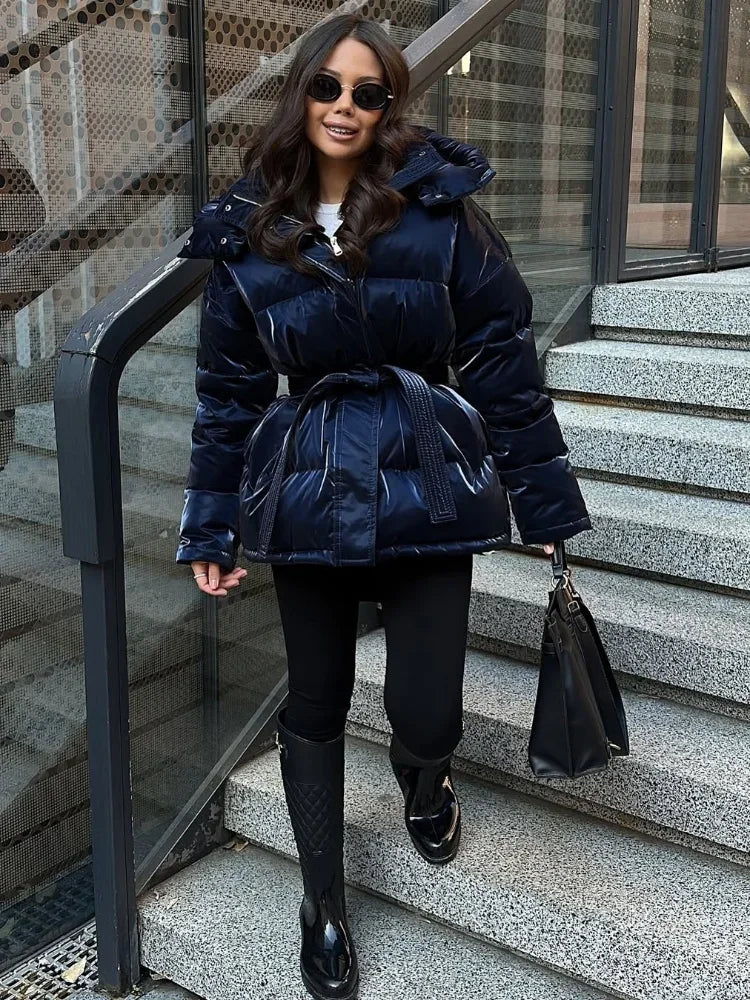2026 Winter Shiny Hooded Cotton Jacket With Belt Women Elegant Long Sleeve Zipper Lace Up Coats Lady Y2K Street Warm Outerwear