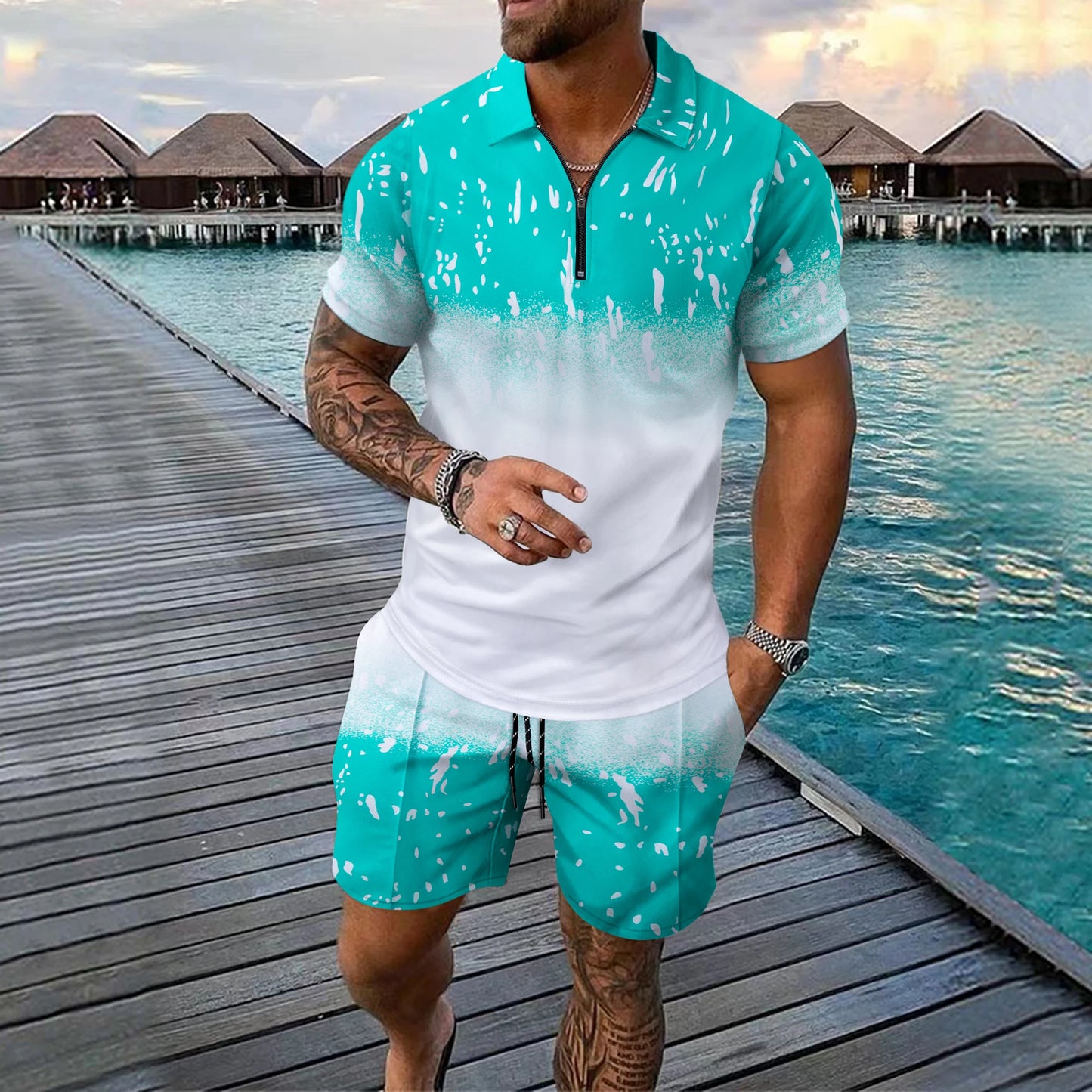 Interessante set da uomo a maniche corte con stampa a quadri 3D, camicia polo con cerniera alla moda, completo estivo ampio, set di t-shirt Ropa Hombre