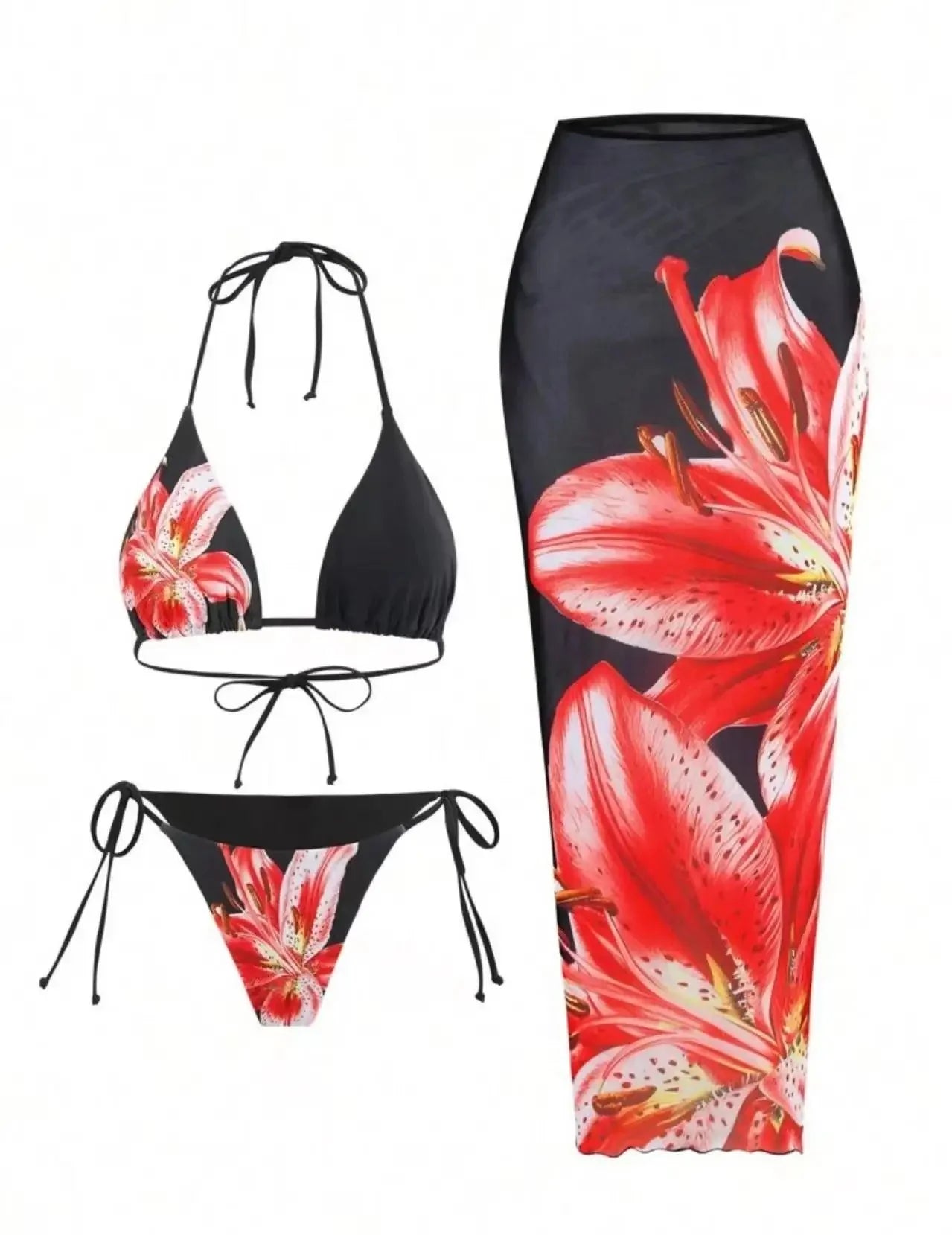 Costume da bagno a tre pezzi con stampa sexy Charms Lilies, set bikini in edizione limitata, attraente, sensuale, alla moda, abbigliamento femminile.