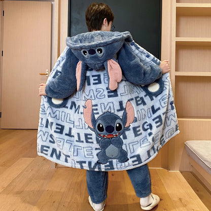 Stitch 2 pezzi pigiama in velluto Kawaii genitore-figlio Kawaii cartone animato anime bambine bambino accappatoio con cappuccio spesso caldo casual carino set di abbigliamento per la casa