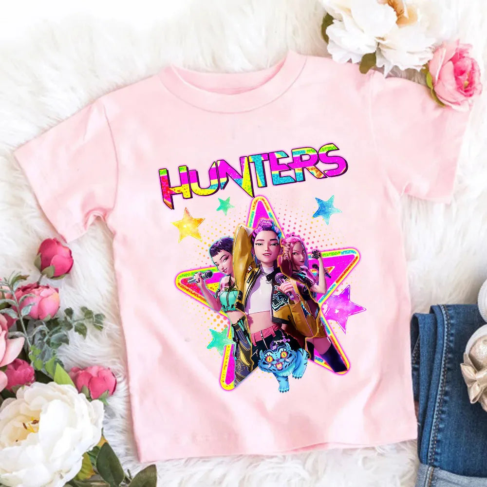 2026 Maglietta per bambine in morbido cotone con stampa del film KPop Demon Hunters - Regali per i fan - Abbigliamento per bambini - Top casual alla moda