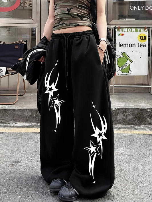 Pantaloni della tuta casual da donna in stile street con stampa a stelle, nuovi arrivi per la primavera, in pile, vestibilità ampia, stile streetwear, oversize