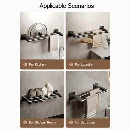Bathroom Hand Towel Rack Black Towel Holder Wall Mount No Drill Mount 40/50cm Kitchen Towel Bar Aluminium Double Bar 2 Tier Rail