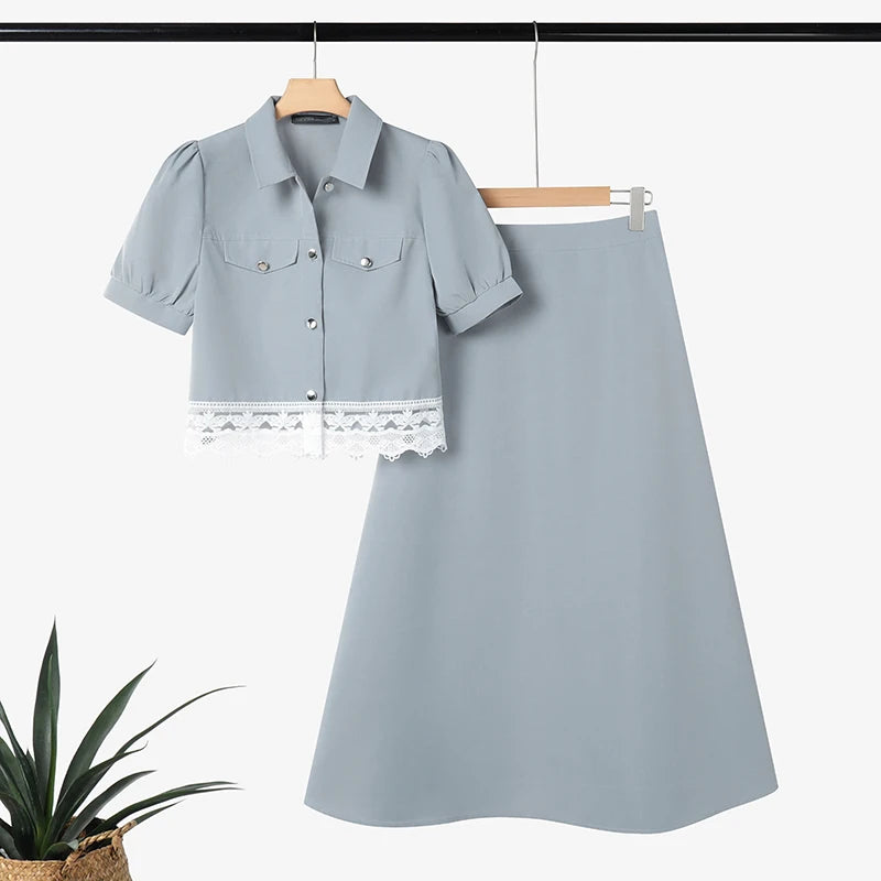 ZANZEA Elegante abito in pizzo da donna, completo con camicie a maniche corte e gonne lunghe, casual, 2 pezzi, stile coreano, stile streetwear, 2 pezzi