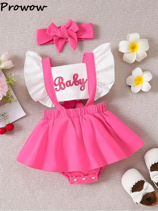 Prowow Abbigliamento per neonate Abito estivo con body senza schienale, stampa con lettere e patchwork per neonate e bambine