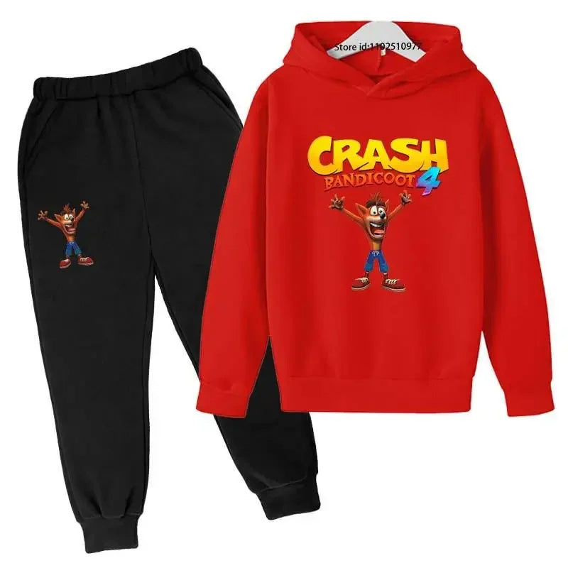 Completo per bambini con felpa con cappuccio e pantaloni a tema Crash Bandicoot, ideale per primavera e autunno, taglie 3-13 anni, abbigliamento casual per bambini e bambine.