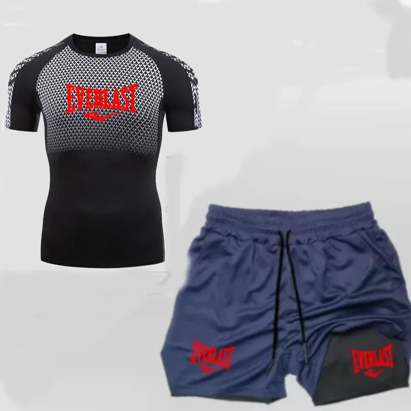 EVERLAST Maglietta a compressione da uomo + pantaloncini sportivi 2 in 1 Set 2 pezzi Tempo libero Traspirante Manica corta Sport Jogging Palestra Abbigliamento di marca Stampa