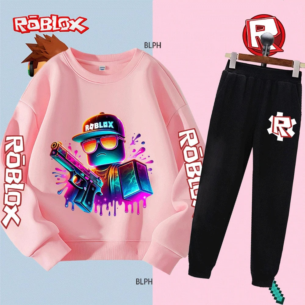 Set felpa con cappuccio Roblox per bambini e bambine, felpa alla moda a maniche lunghe con pantaloni e stampa di personaggi dei cartoni animati, casual