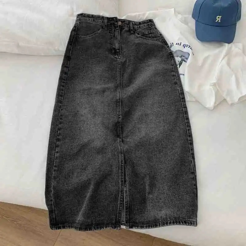 Retro High Waist Midi A- Line Mini Skirt Women's Denim Skirt Spring Fresh Sweet School Style No Stretch Crossbody Skirt
