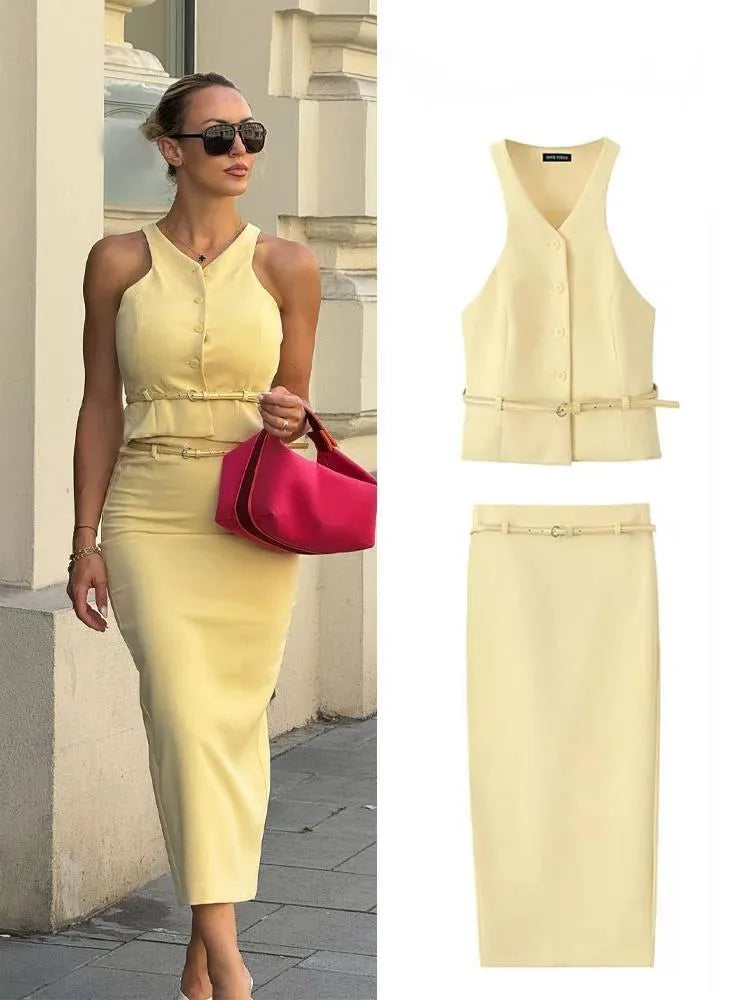 Women Fashion Suit Yellow V-Neck Sleeveless Belt Sngle Breasted Tops+High Waist Pocket Belt Long Skirts Female Summer Set JHX6