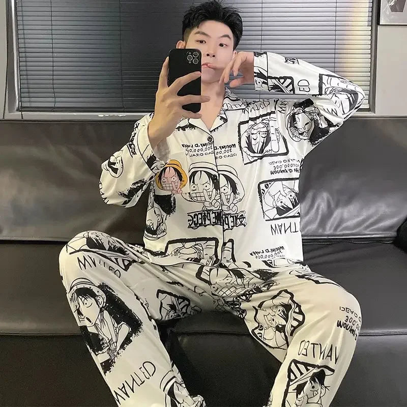 Pigiama Naruto Pain da uomo, set anime in seta satinata, pigiama con colletto risvoltato, maniche lunghe, abbigliamento da notte maschile, set da 2 pezzi, cardigan, abbigliamento per la casa