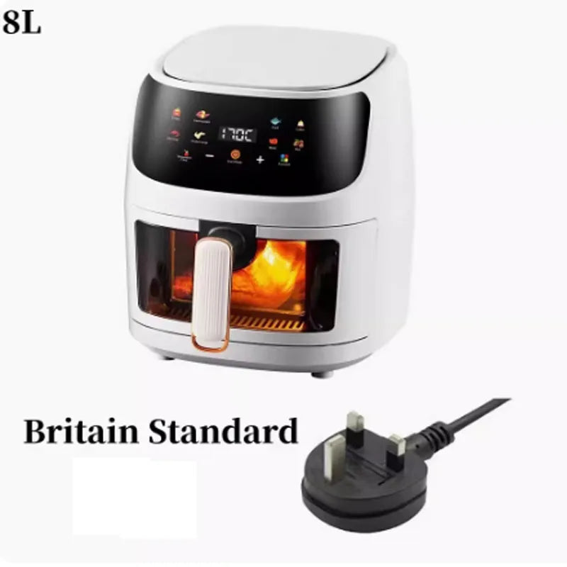 Nuova friggitrice ad aria ad alta capacità in acciaio inossidabile da 8 litri, forno elettrico domestico visivo, multifunzionale, senza olio, per la casa, nero, bianco e verde