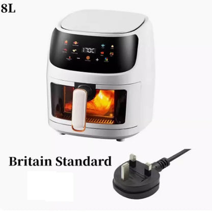 Nuova friggitrice ad aria ad alta capacità in acciaio inossidabile da 8 litri, forno elettrico domestico visivo, multifunzionale, senza olio, per la casa, nero, bianco e verde
