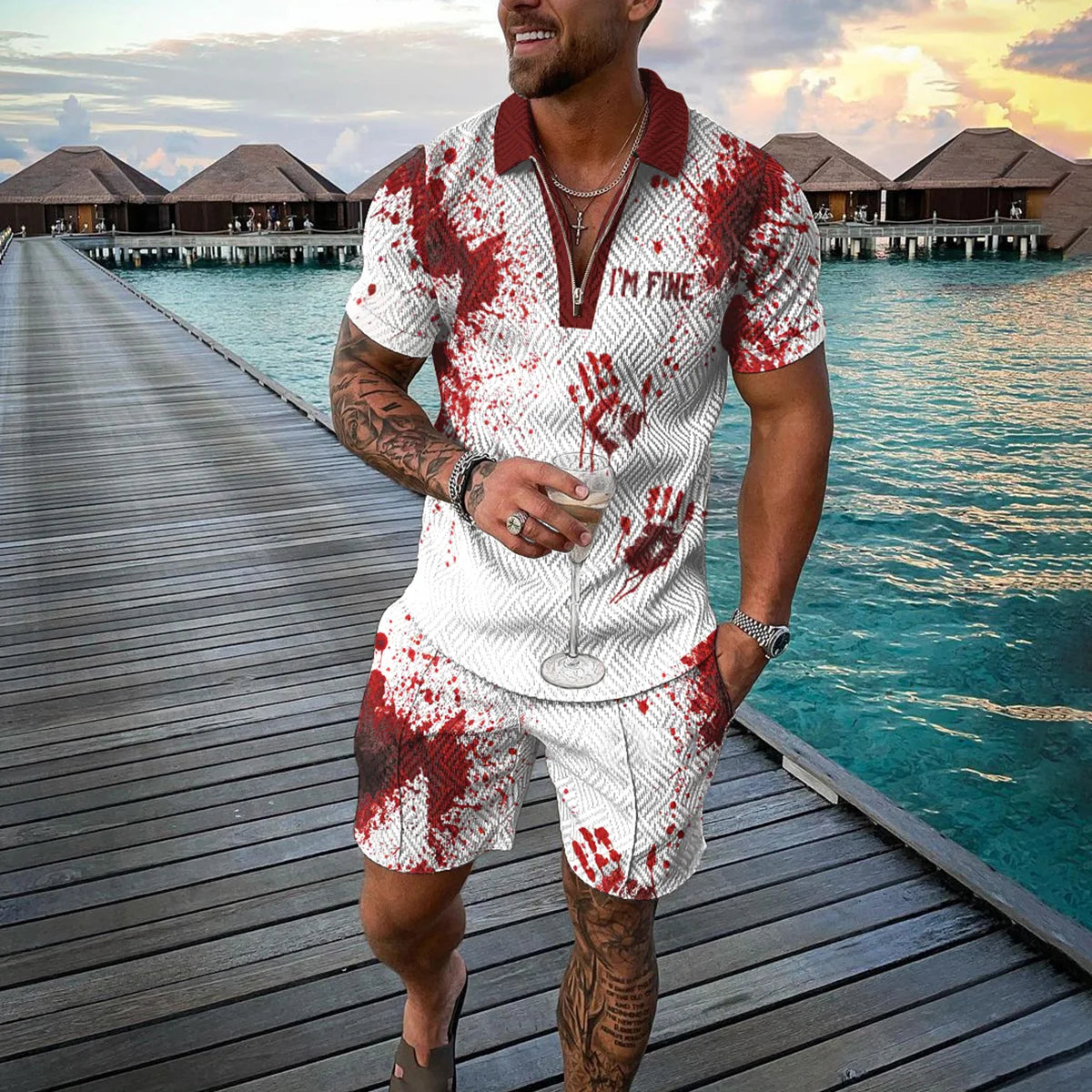 Completo estivo da uomo con stampa 3D, composto da polo con cerniera e pantaloncini, 2 pezzi, stile boho geometrico, abbigliamento per le vacanze.