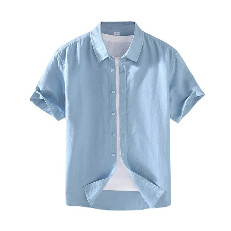 Camicia da uomo in cotone e lino a maniche corte, estiva, stile streetwear, tinta unita, collo alto, casual, stile spiaggia, taglie forti dalla M alla 3XL