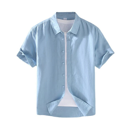 Camicia da uomo in cotone e lino a maniche corte, estiva, stile streetwear, tinta unita, collo alto, casual, stile spiaggia, taglie forti dalla M alla 3XL