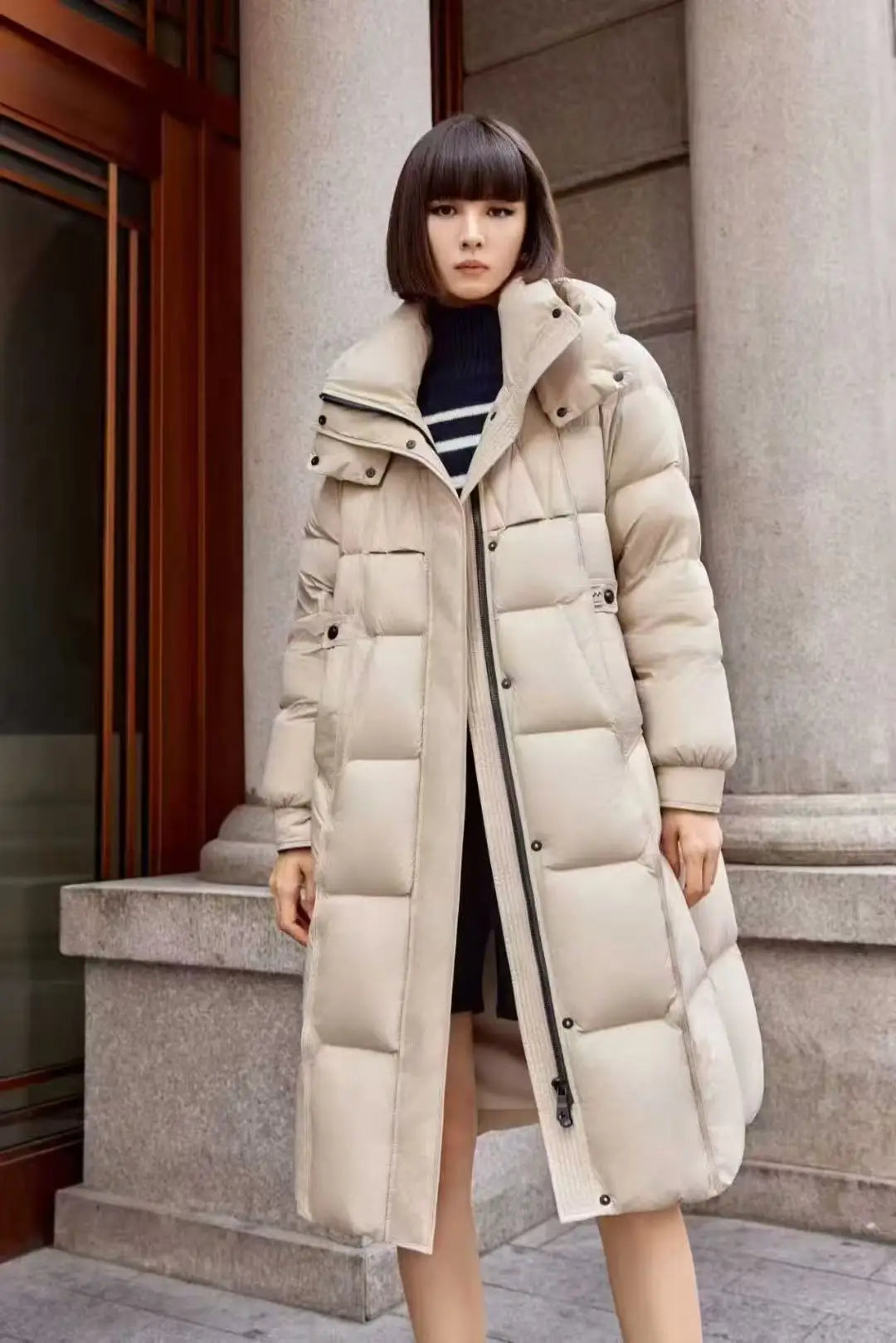 Winter Hooded Warm Knee Length Down Jacket Female Loose Zipper Thicken Jackets Women White Duck Down Casual Parker Long Outwears