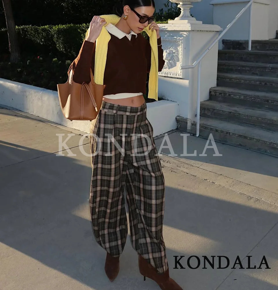 KONDALA Trendy Casual Plaid Trousers Women Elegant Vintage Long Pants 2026 Spring Fashion High Street Commute Chic Female Pants