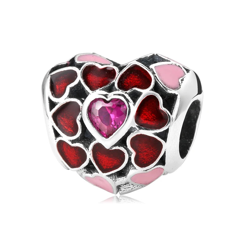 100% autentico argento sterling 925, cuore rosa, perline di zirconi trasparenti, compatibile con i charm europei originali, braccialetti e creazione di gioielli