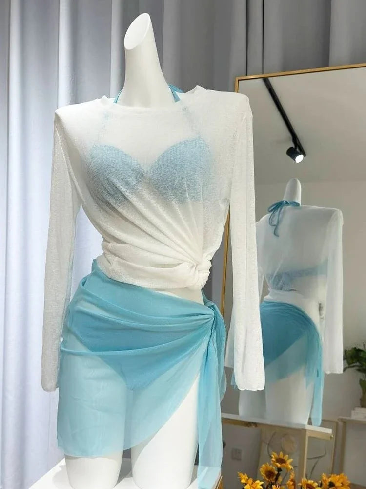 2026 New High Waist Fairy Sweet 4-Piece Women's Split Bikini Set Print Long Sleeve Swimwear Trendy Beach Vacation Fairy Swimsuit