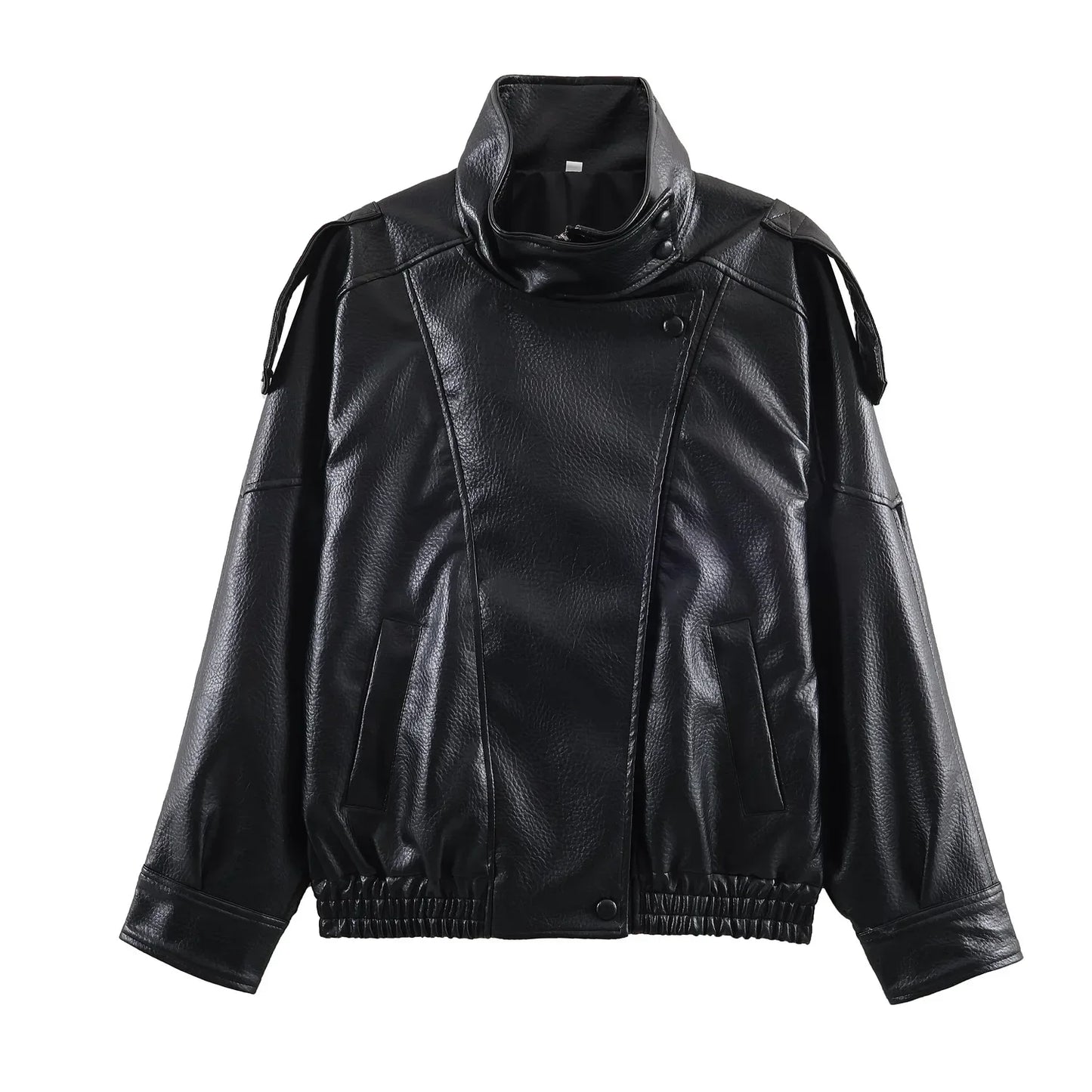 Giacca in pelle stile retrò con collo alto, maniche lunghe, revers, cerniera, giacca corta e ampia, nuova collezione primavera/autunno 2026.
