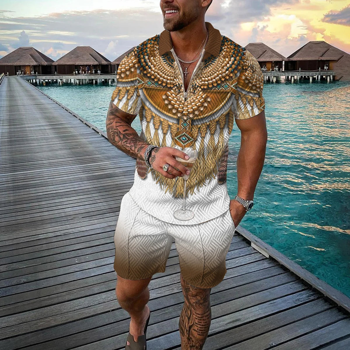 Completo estivo da uomo con stampa 3D, composto da polo con cerniera e pantaloncini, 2 pezzi, stile boho geometrico, abbigliamento per le vacanze.