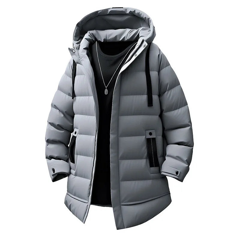 Warm Hooded Cotton Jacket Men's Mid-Length Youthful Autumn Winter Fashionable Bamboo Fiber Polyester Filled Coat for Teens