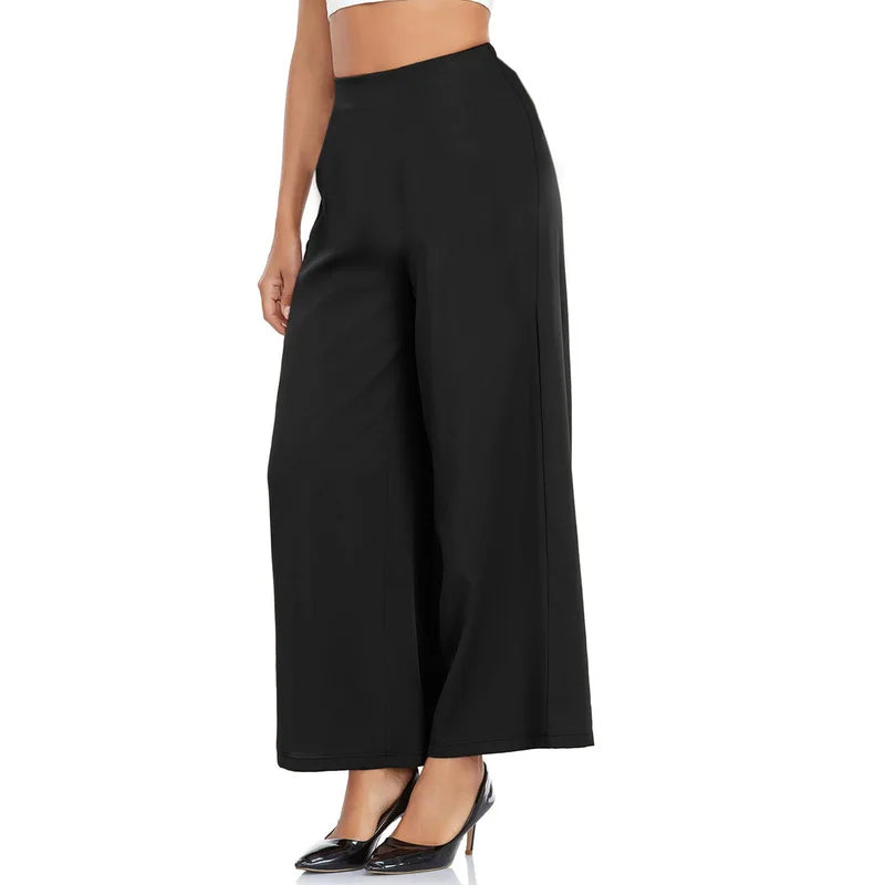 Pantaloni da donna alla moda a gamba larga, vita regolare, elasticizzati, snellenti, neri, casual, per feste e ufficio, 2025