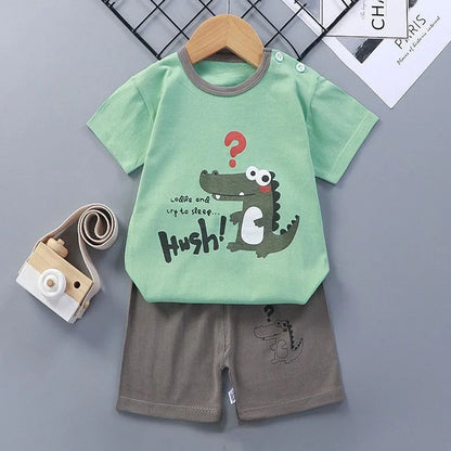 Completo pigiama 2 pezzi maglietta + pantaloncini in cotone con orsetto e dinosauro dei cartoni animati per bambini e bambine, tuta estiva casual per bambini e bambine da 1 a 4 anni