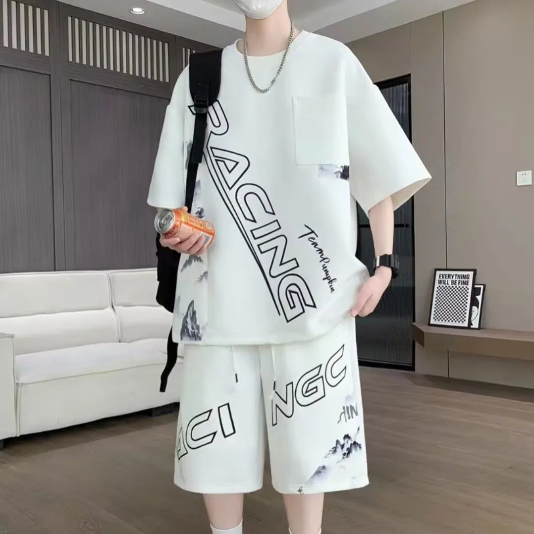 Completo estivo da uomo taglie S-6XL, nuovo set di tendenza a due pezzi, maglietta e pantaloncini in stile coreano, abbigliamento firmato da uomo.