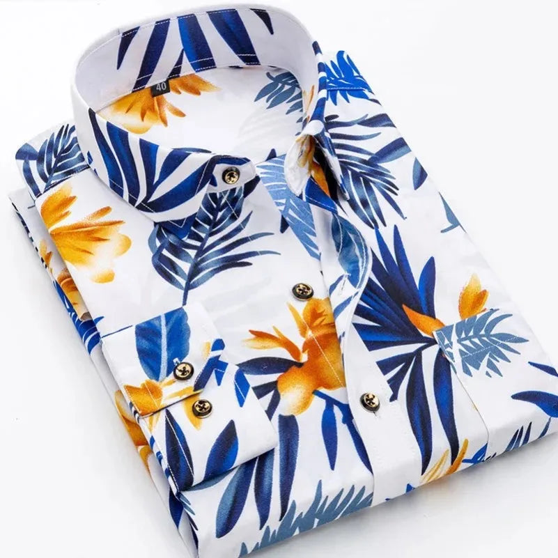 Camicia stampata da uomo, casual, a maniche lunghe, slim fit, da uomo, per lavoro, sociale, abbigliamento di marca, morbida e confortevole KOACUS