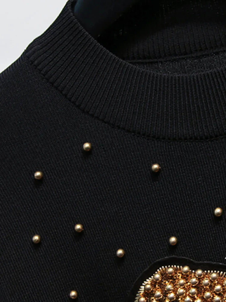 DEAT Women Two Piece Set Beading Knitted Flower Sweatershirt Elastic Waist Long Pants New Fashion Tide 2025 Spring Suit 11B795