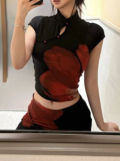 Gonna a tubino con colletto alto, elegante e casual, con motivo a fiori rossi grandi e segmentati, per ragazze ribelli