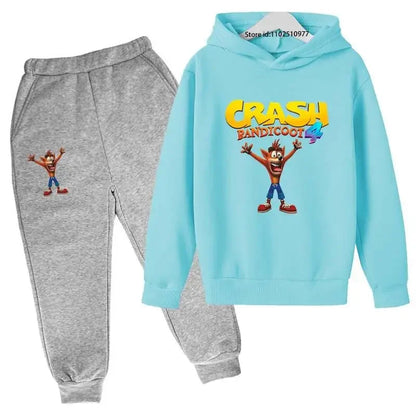 Completo per bambini con felpa con cappuccio e pantaloni a tema Crash Bandicoot, ideale per primavera e autunno, taglie 3-13 anni, abbigliamento casual per bambini e bambine.